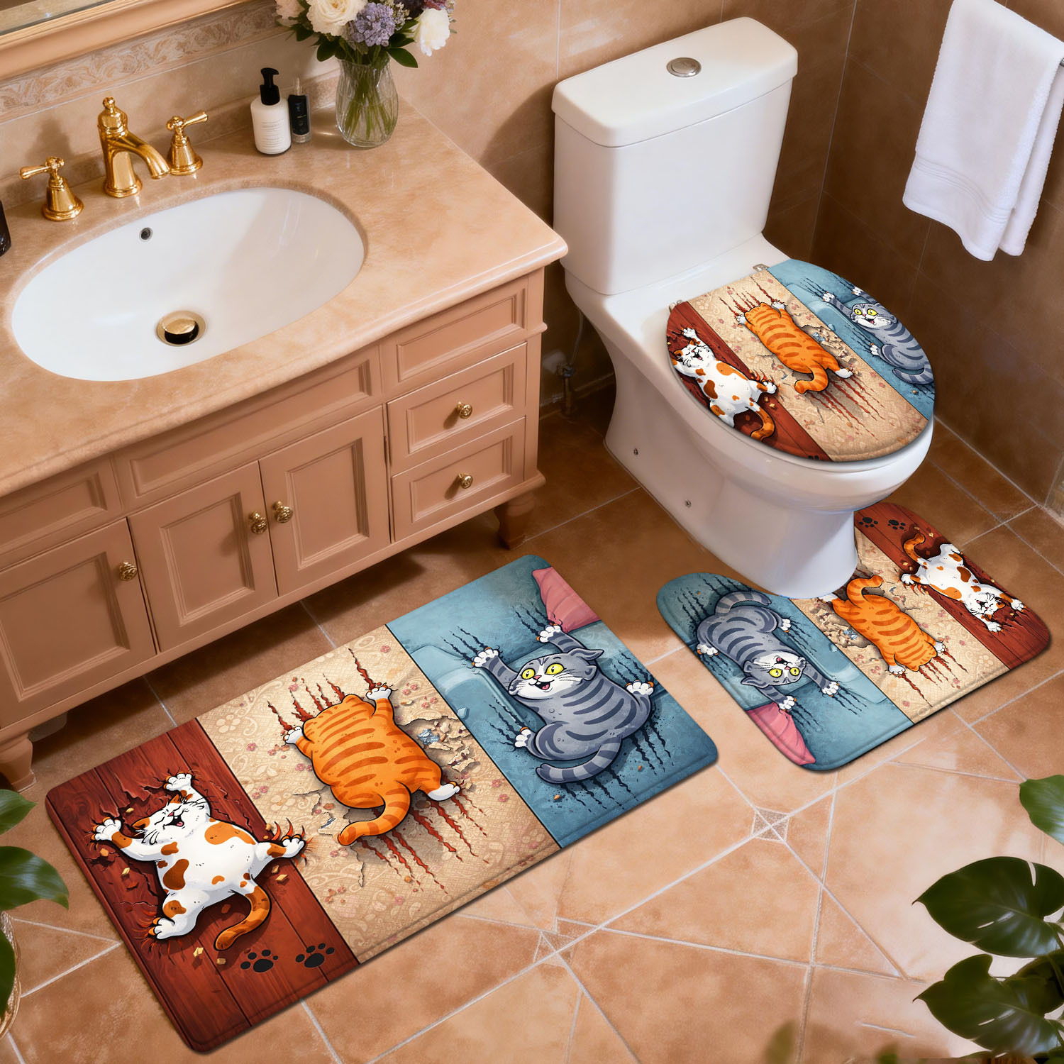 Home Bathroom Break - 3‑Pieces Funny Wall‑Breaking Three‑Cats Bathroom Mat